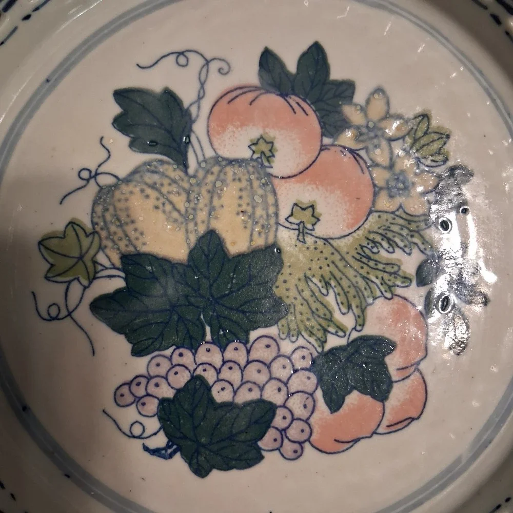 Vintage 90s Cottagecore Stoneware Basket Handles Fruit Lattice Butter Mom